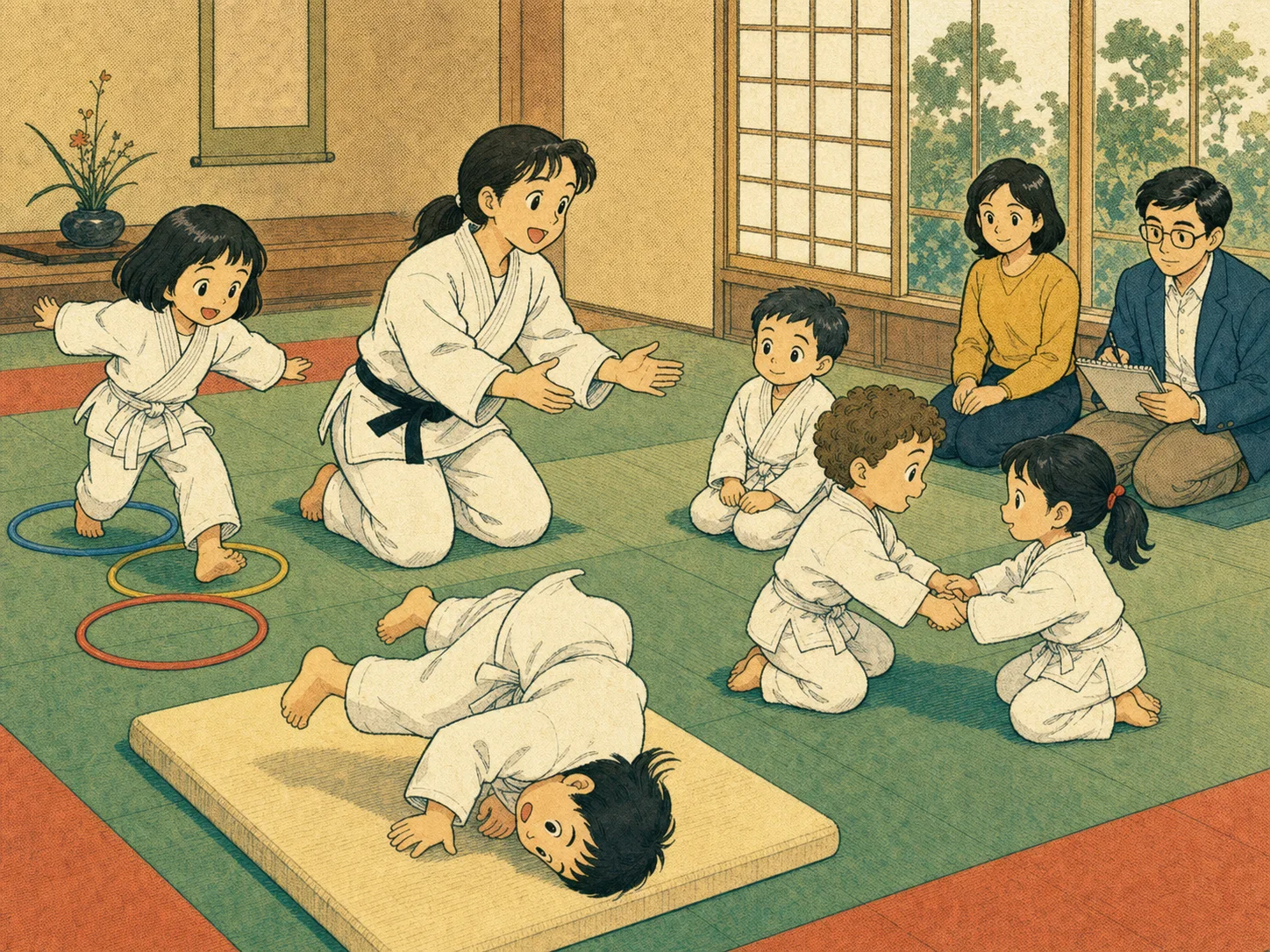 1970s Japanese educational manga-style illustration of a coach teaching young children safe balance, rolling and cooperative judo movement games
