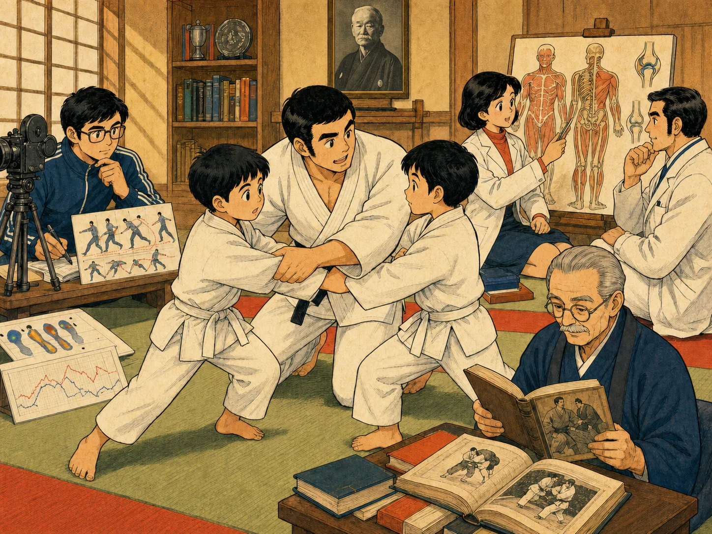 1970s Japanese educational manga-style illustration of a judo coach and children training while sport science, medicine and history researchers observe, with an accurate portrait of Jigoro Kano on the wall