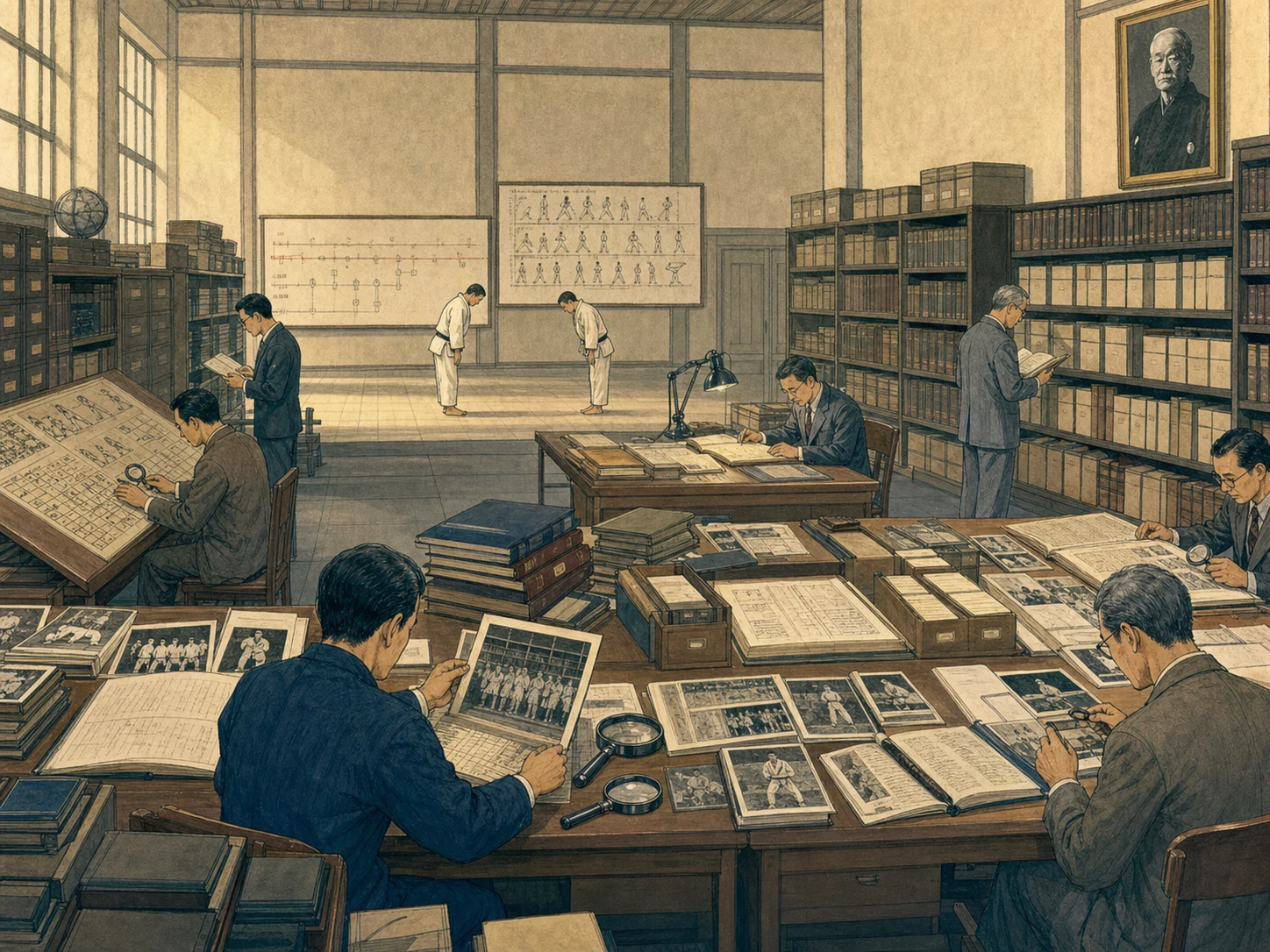 1970s Japanese educational manga-style illustration of researchers examining old photographs, competition records and technique charts in a large judo archive, with two judoka bowing in the distance and a portrait of Jigoro Kano on the wall