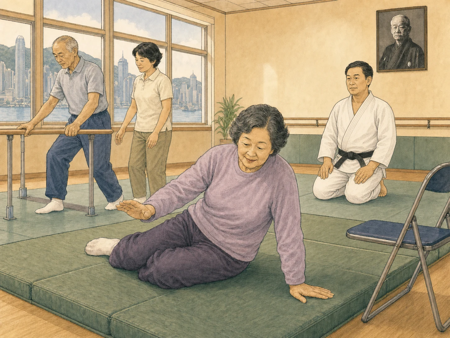 1970s Japanese educational manga-style illustration of older adults in Hong Kong learning balance and safer landing positions on thick mats beside a handrail, under qualified supervision