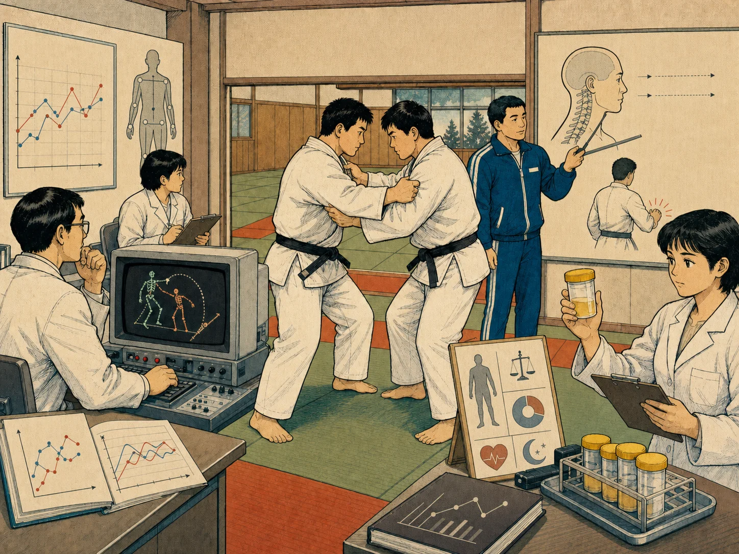 1970s Japanese educational manga-style illustration of researchers observing judo movement, recovery measures and supervised safety responses