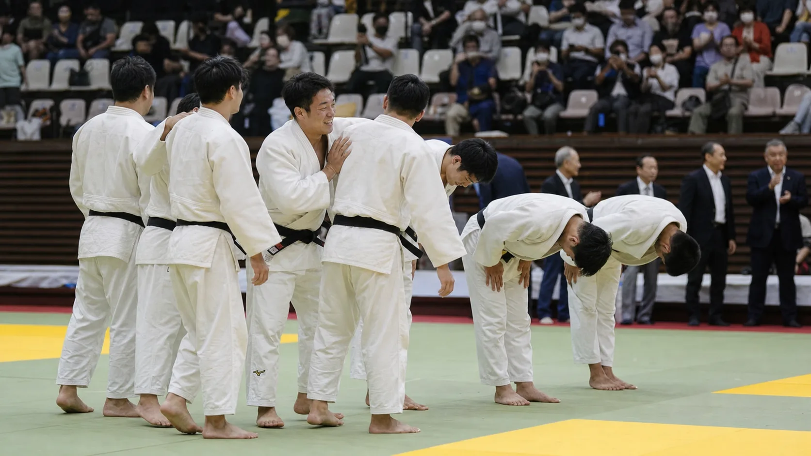 Editorial image of a men corporate judo team celebrating after competition