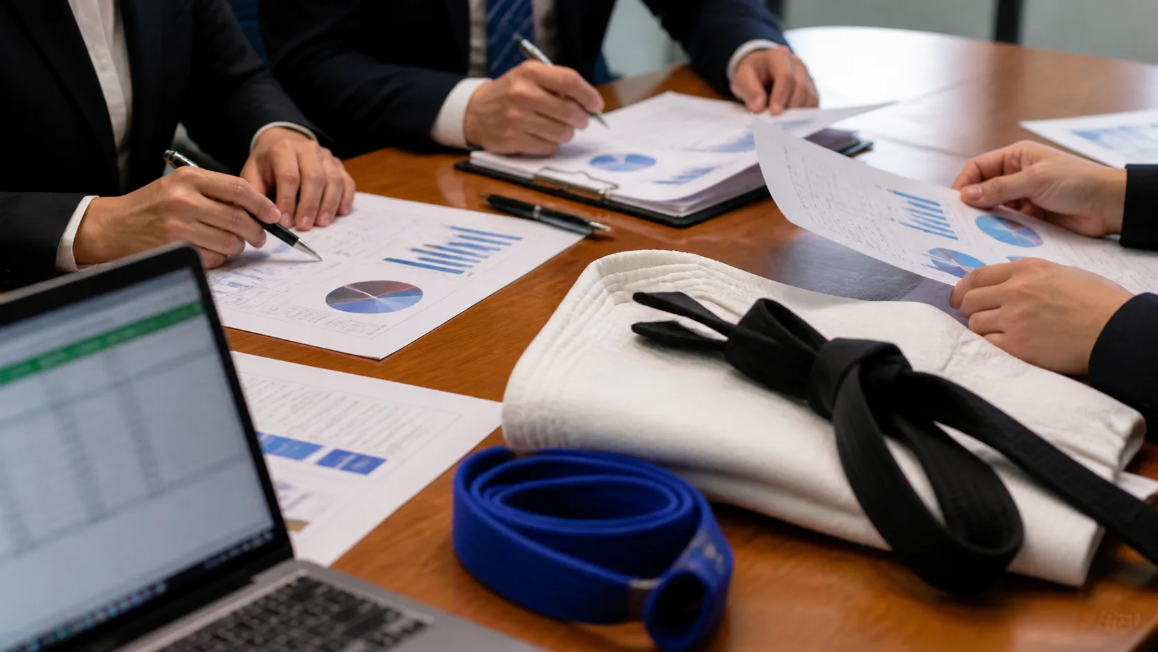 Editorial image of judo federation budget documents on a meeting table