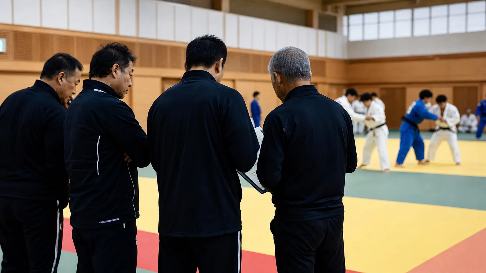 Editorial image of judo coaches observing national team training beside tatami mats