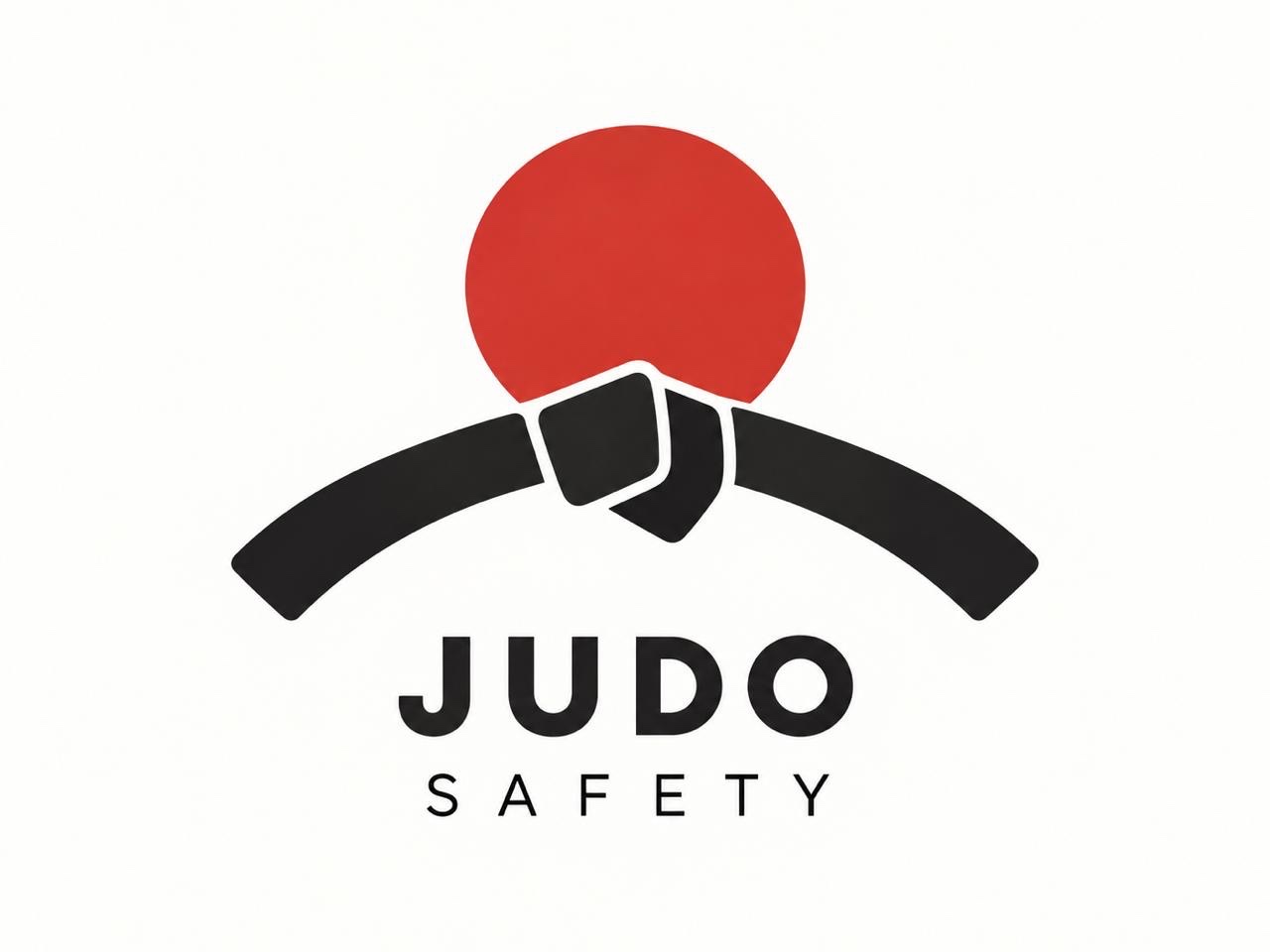 JUDO SAFETY のエンブレム（赤い円と黒い柔道帯の結び目、編集提供のイラスト）