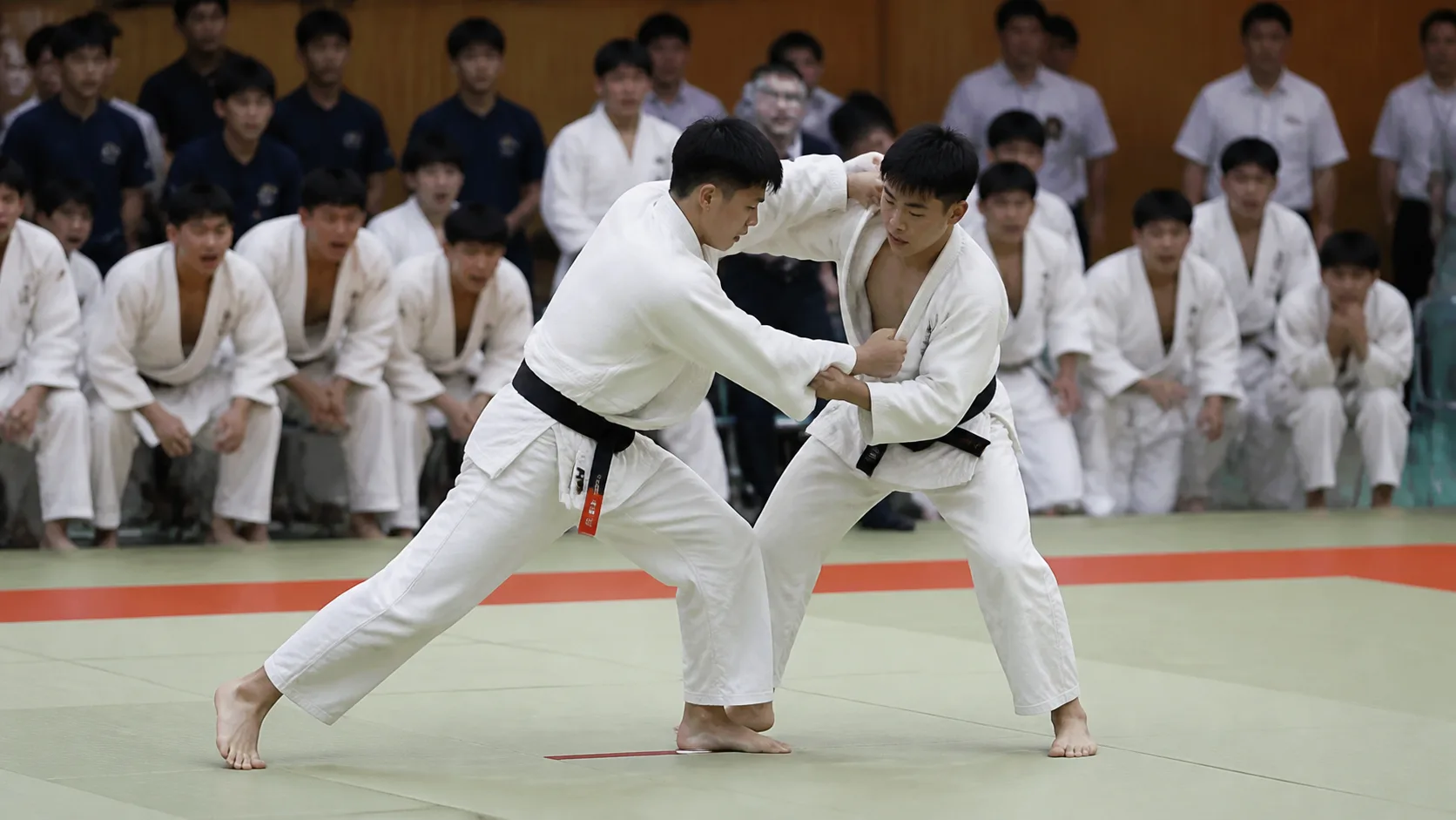 Editorial high school judo championship image with teenage athletes competing on tatami