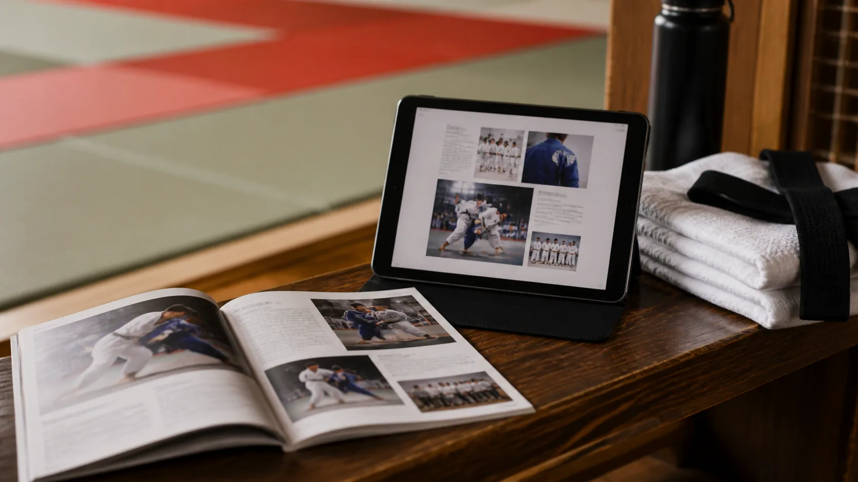 Editorial image of a judo publication and tablet beside tatami mats