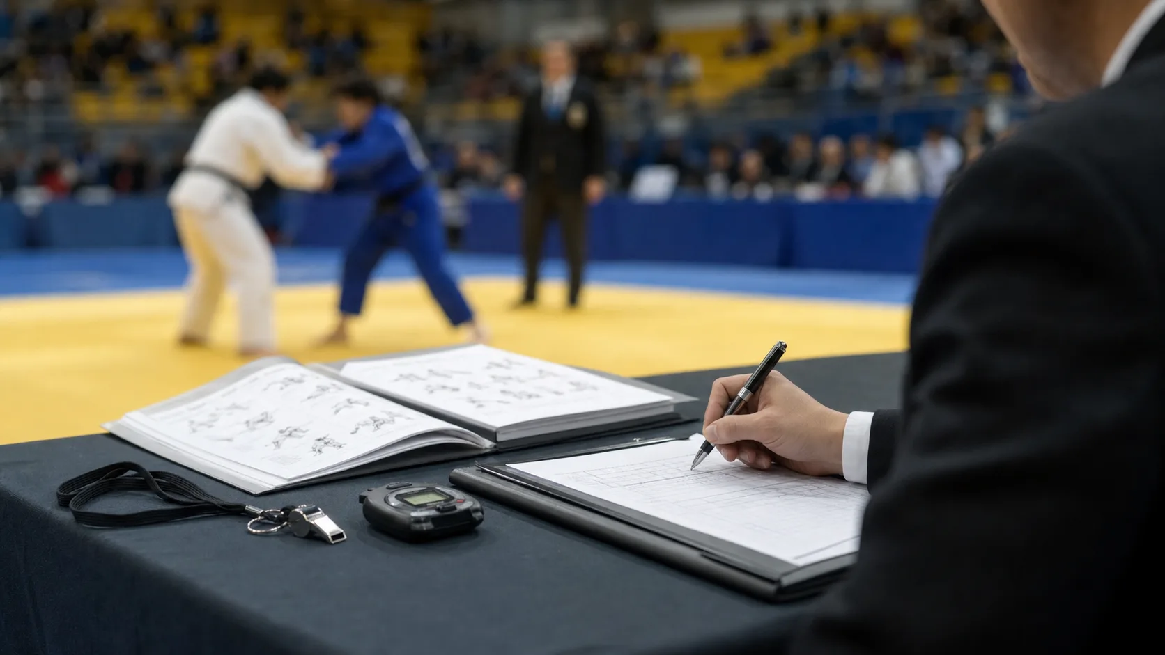 Editorial image of judo referee documents and tournament equipment beside tatami mats