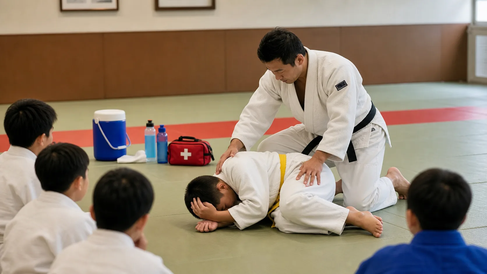 Editorial judo safety image with a coach teaching safe breakfalls