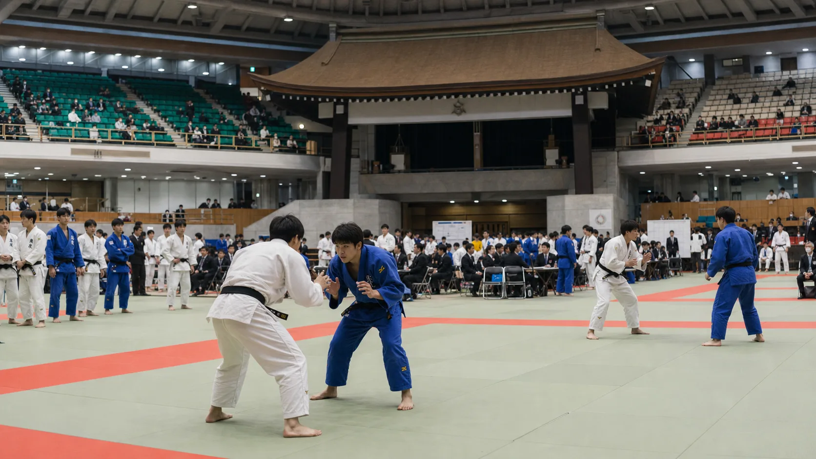 Editorial student judo competition image with university athletes beside tatami mats