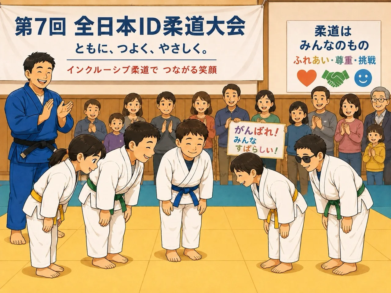 An inclusive judo illustration showing judoka bowing in a dojo