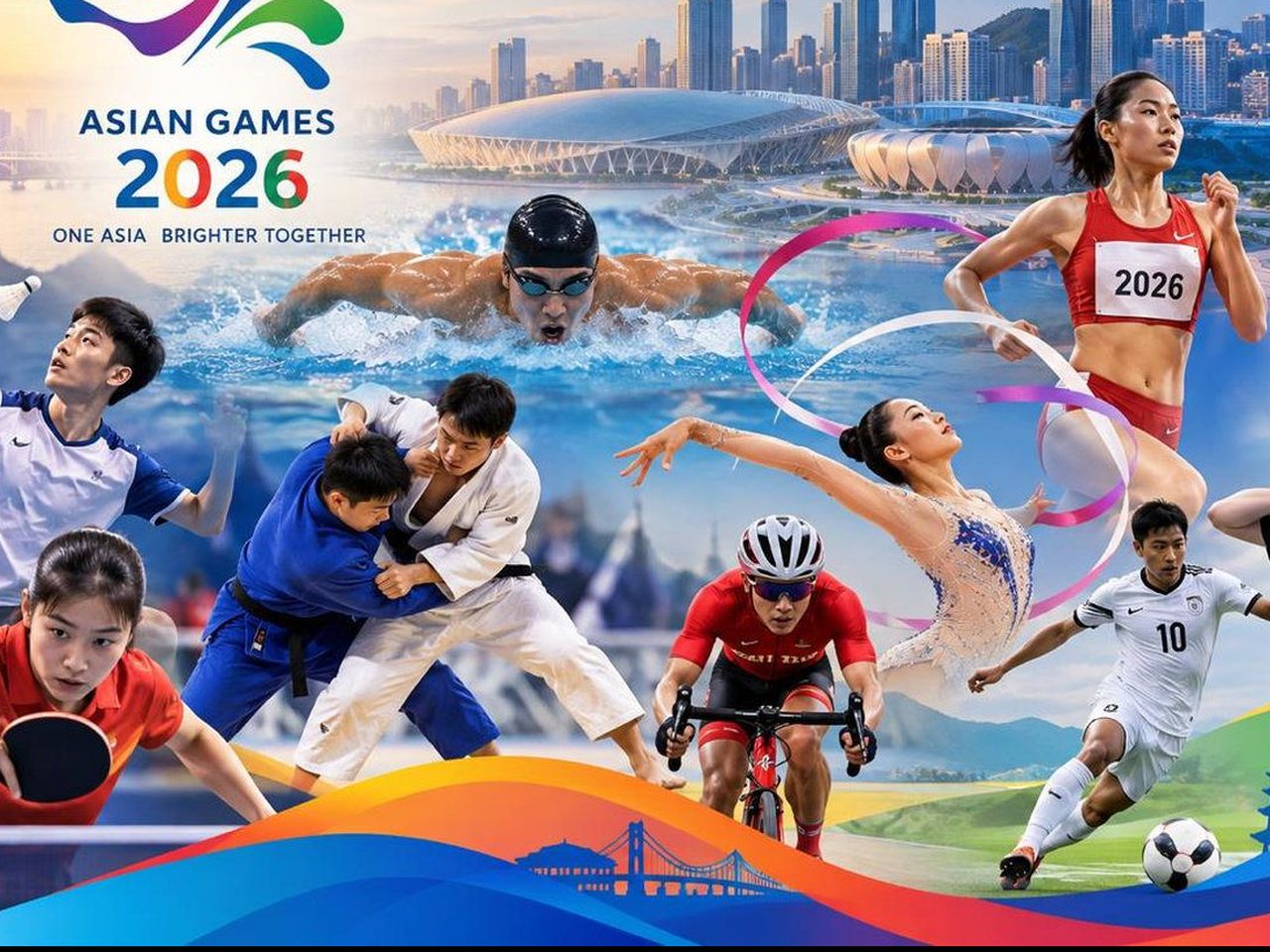 Illustration of Asian Games judo: two judoka on the tatami in front of a warm-toned city skyline