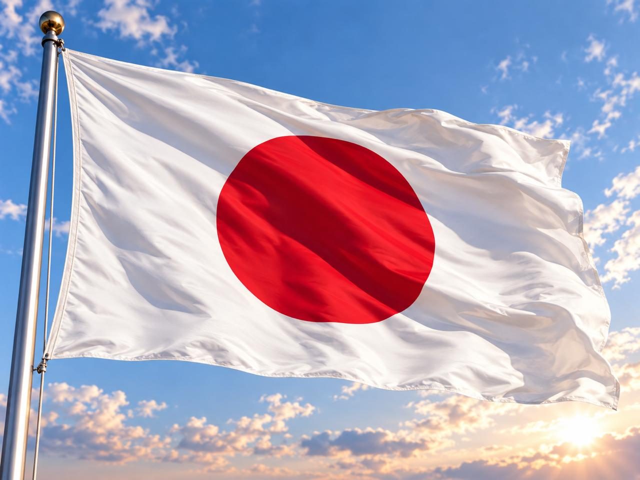 The Japanese flag rippling against a blue sky with white clouds