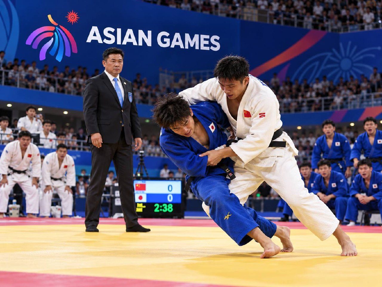 イメージ：アジア大会の柔道、日本の選手と中国の選手の試合
