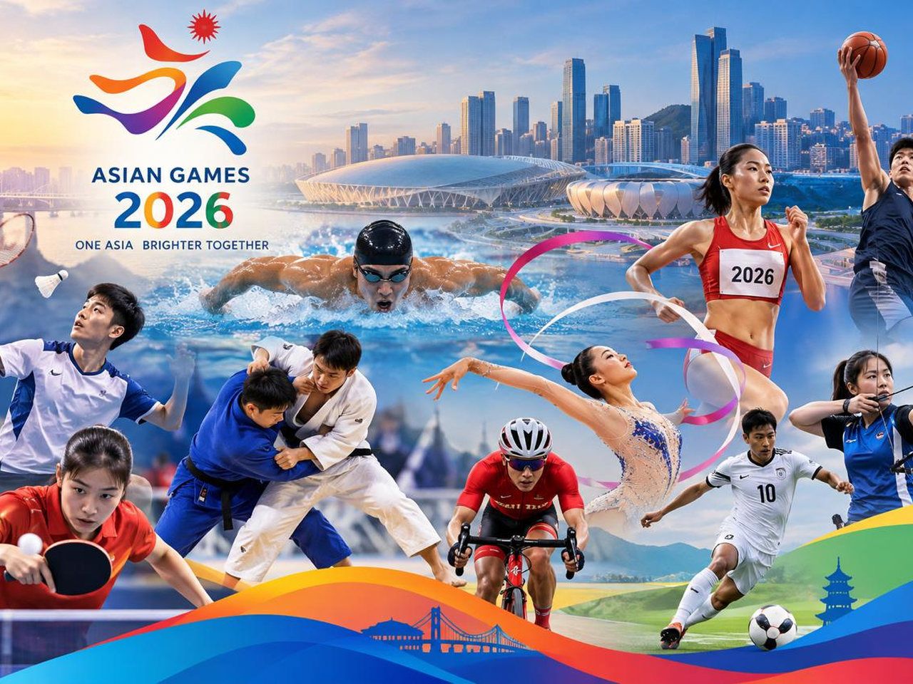 Asian Games-themed illustration: athletes from several sports in front of a warm-toned city skyline and venues, with the Asian Games 2026 emblem and slogan above