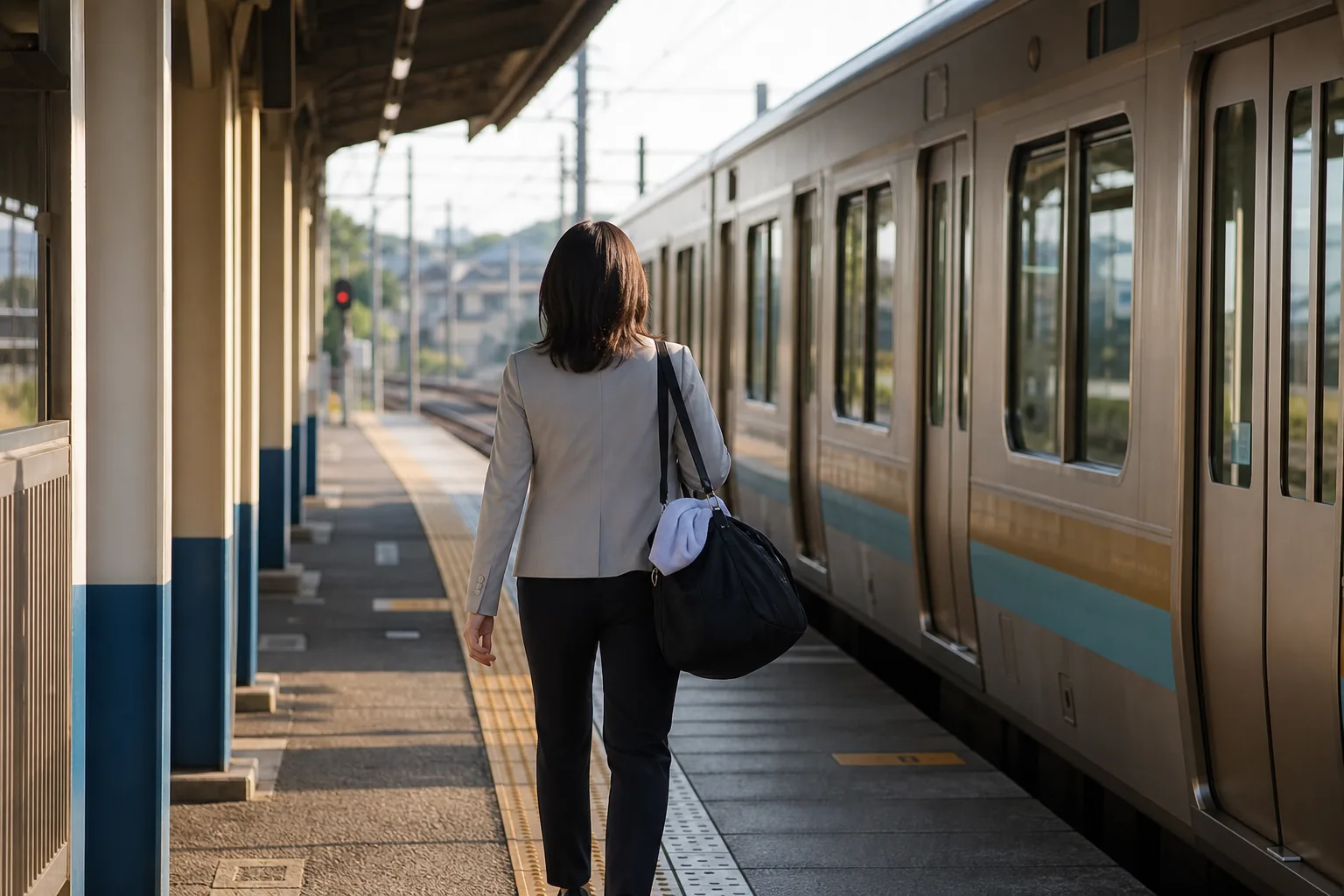 一名柔道人在火車月台上攜着摺好的白色柔道服，列車從旁駛過。