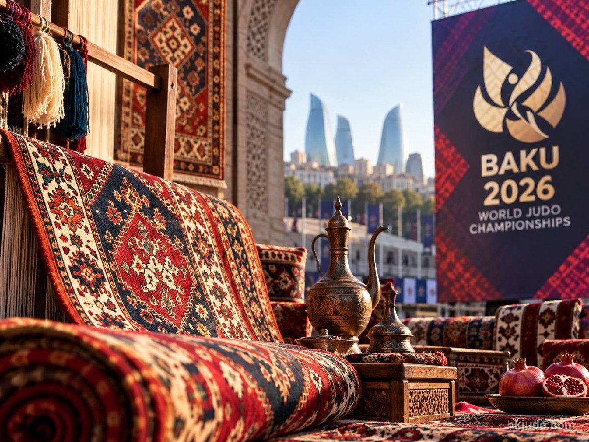 Illustration: the Baku 2026 World Judo Championships banner beside traditional Azerbaijani carpets and pomegranates, with the Flame Towers in the background