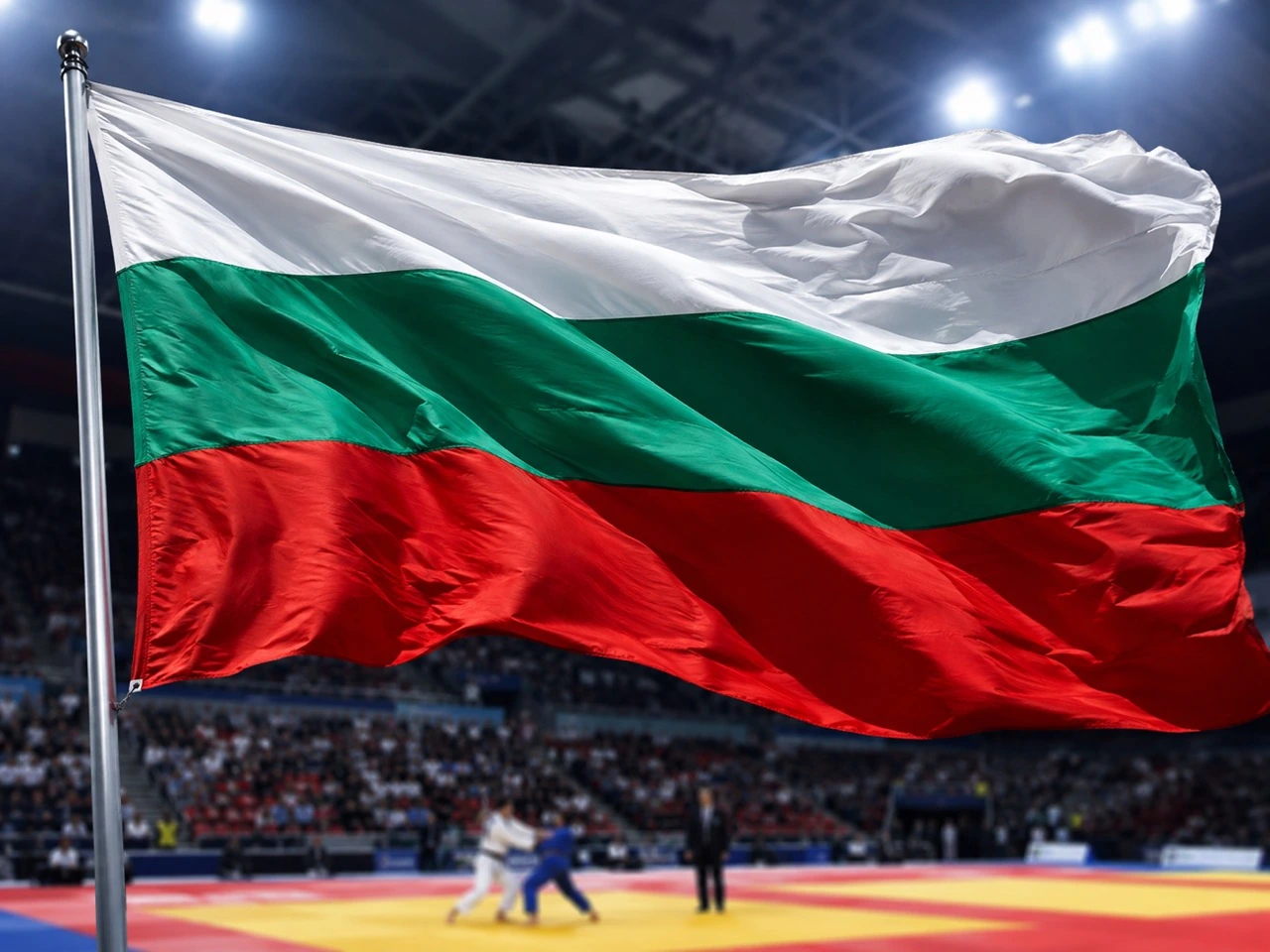 Editorial image representing Bulgaria's cadet judo breakthrough, with the white green and red Bulgarian flag