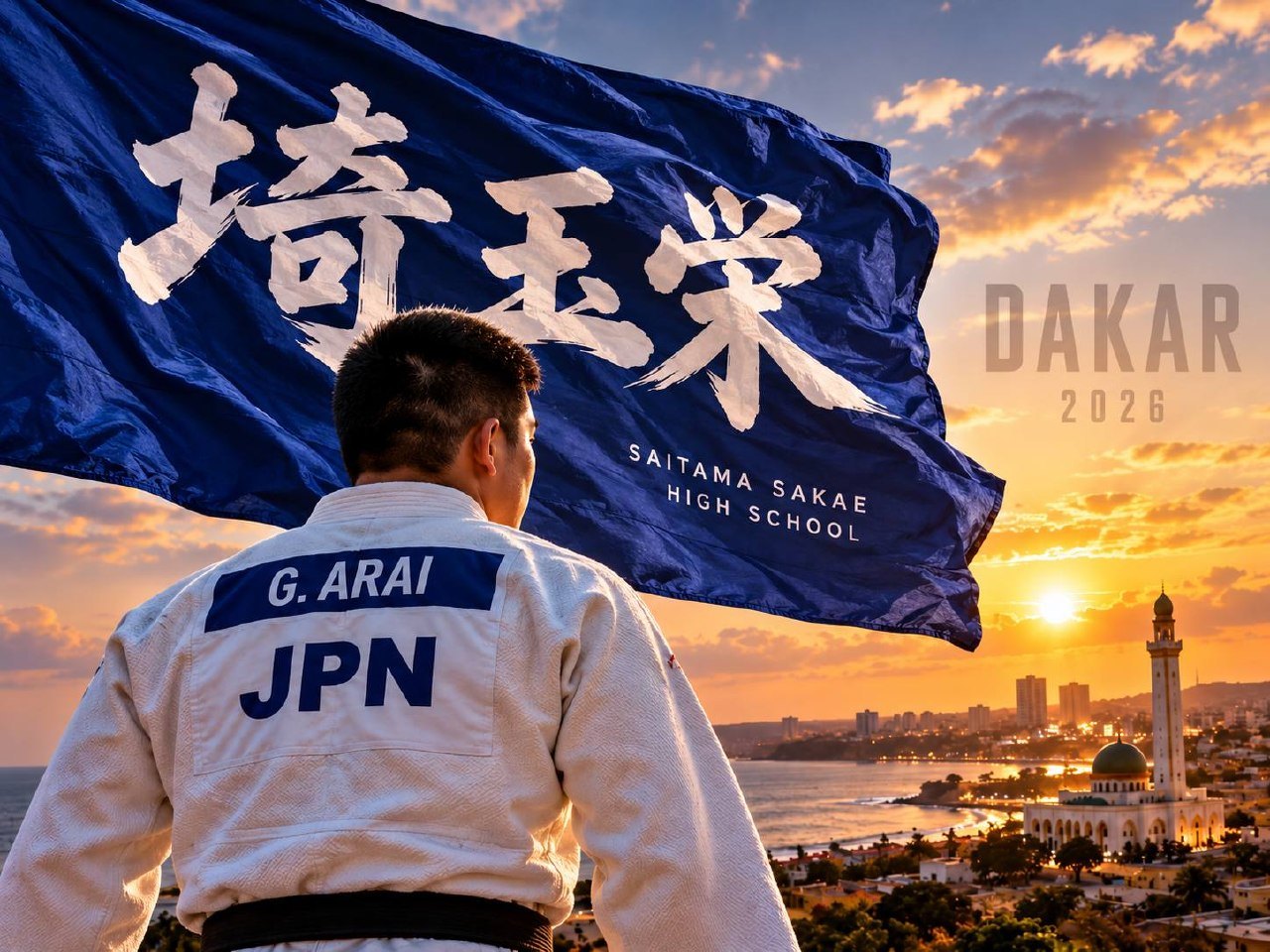 A young judoka in a white judogi seen from behind with a back patch reading G. ARAI and JPN, holding a blue Saitama Sakae High School flag.