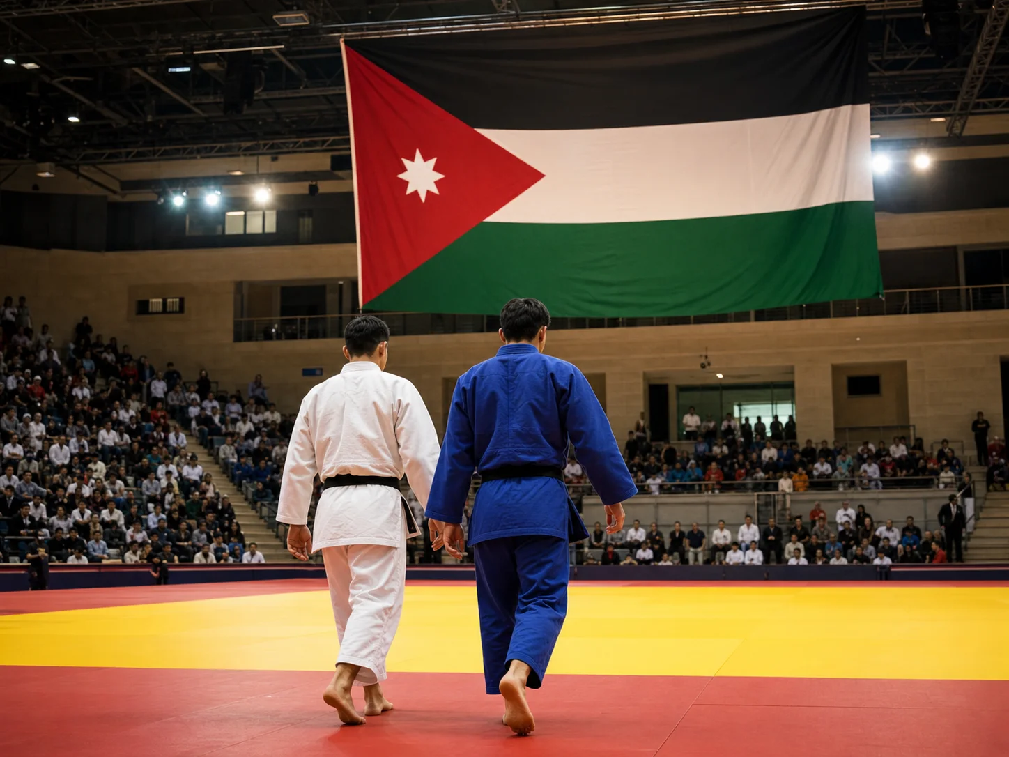 The Jordanian flag hangs above a judo arena as two judoka walk toward the tatami.