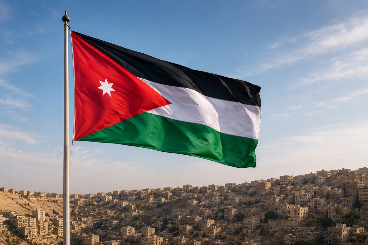 Jordanian flag and Amman cityscape representing young Hong Kong, China judoka competing in Asian youth judo events.