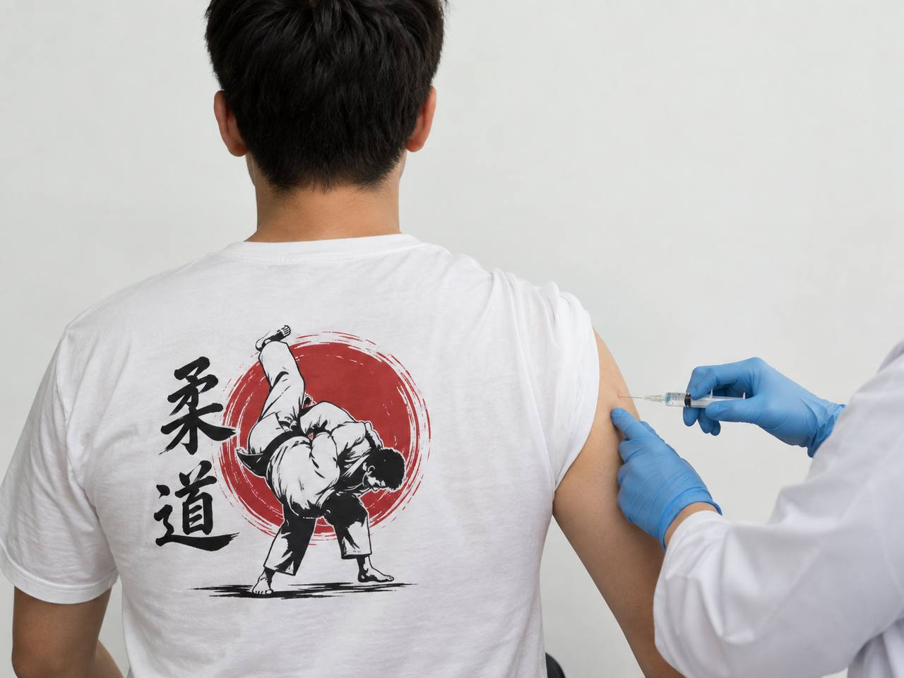 A person in a white judo T-shirt receiving a seasonal influenza vaccination in the upper arm from a health worker wearing blue gloves.