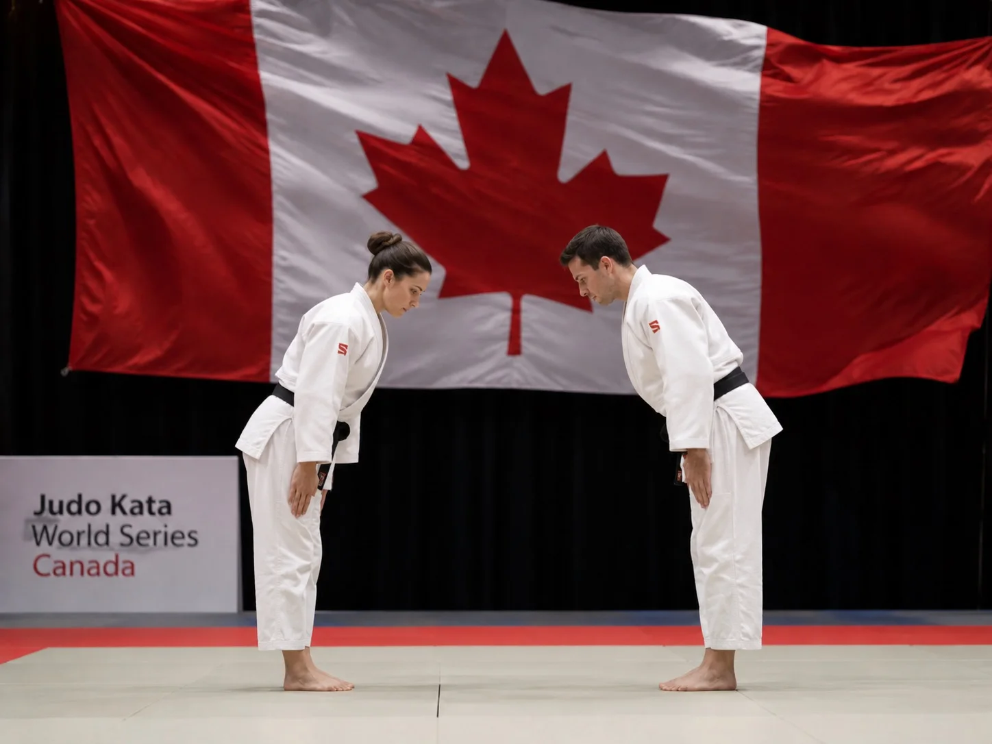 柔道家在加拿大 Laval 柔道形世界巡迴賽上互相鞠躬。