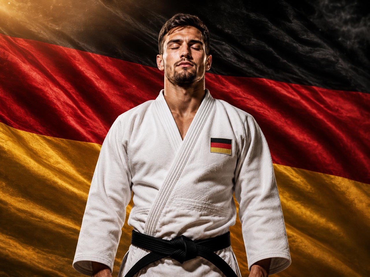 A visually impaired judoka in a white judogi with a German host setting