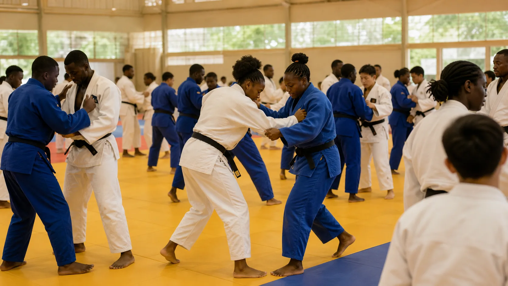 Editorial image of judo athletes training together in a bright Central African sports hall