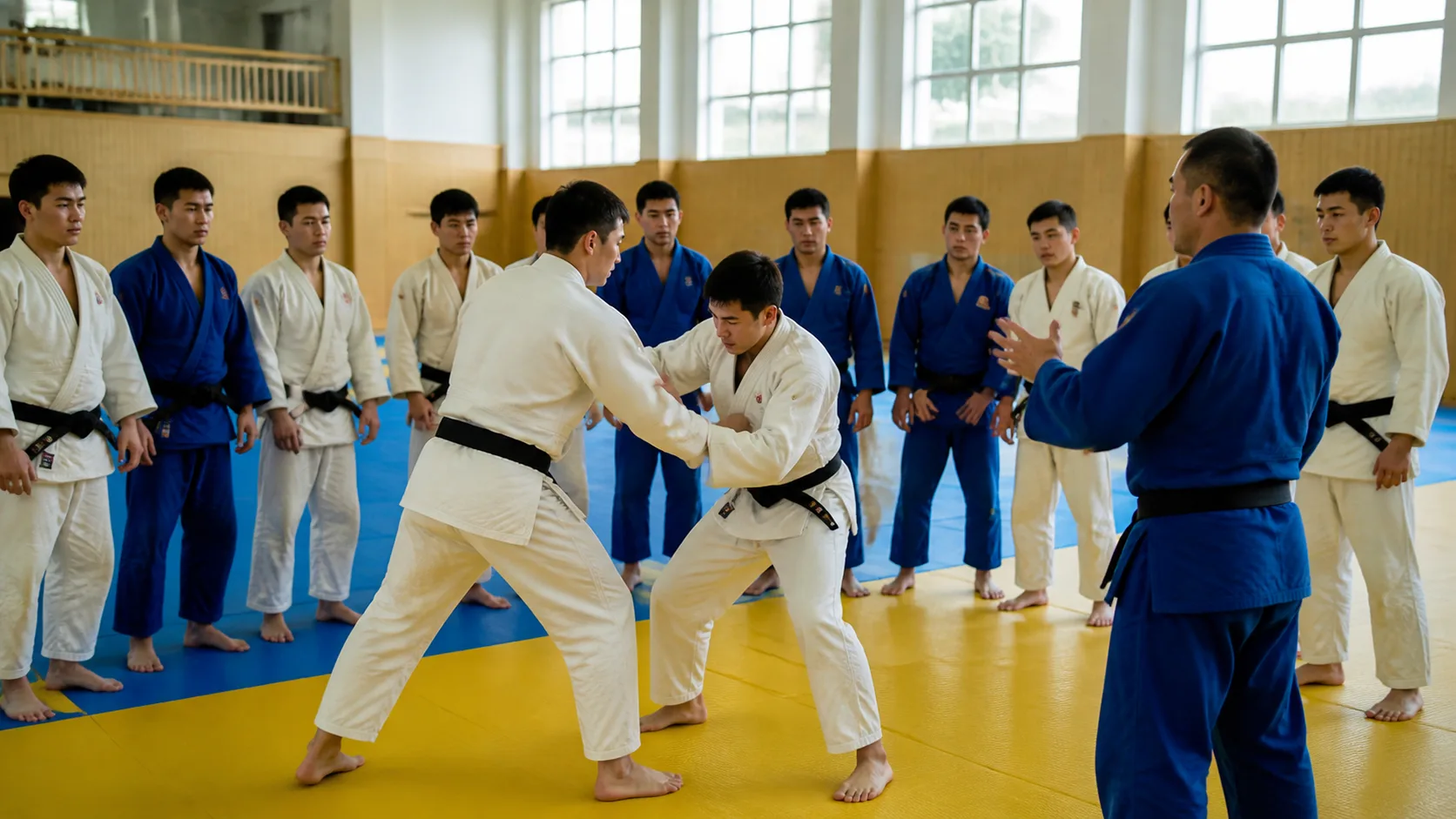 Editorial image of university students practicing judo in a Central Asian sports hall