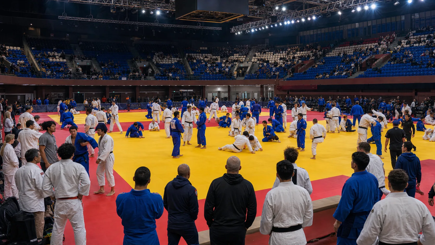 Editorial image of an international judo arena with athletes training and competing