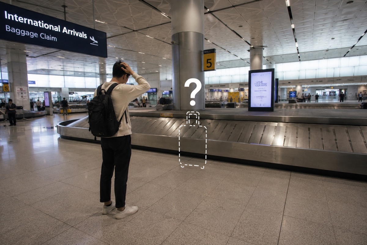 一名旅客在機場行李輸送帶前困惑地站立，畫面疊加遺失行李的圖示。