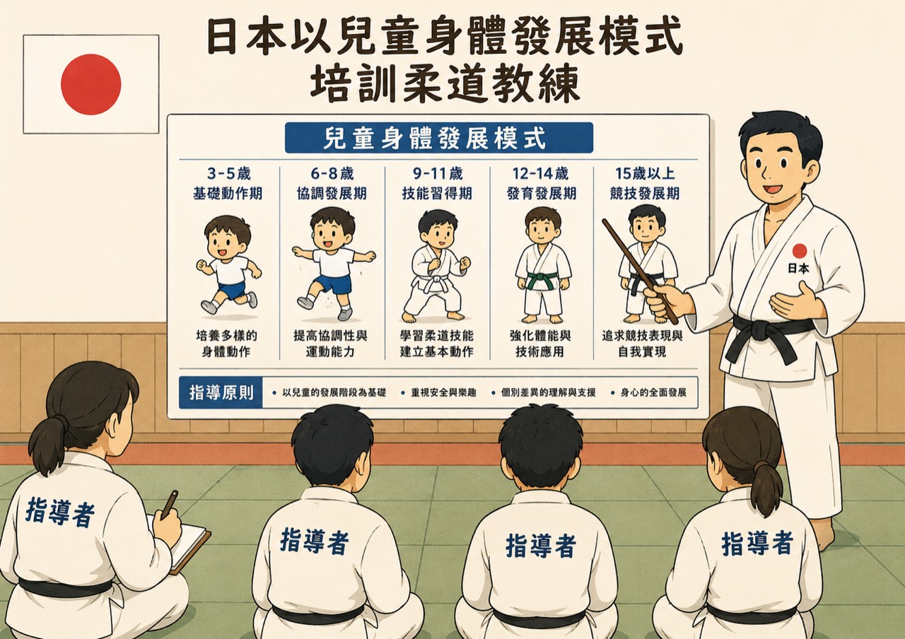 Editorial diagram showing a Japanese coach-training model based on children’s physical development.