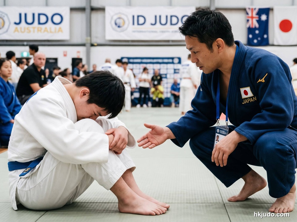 オーストラリアのID柔道大会で、日本チームの青い柔道衣のコーチが若い選手に寄り添う