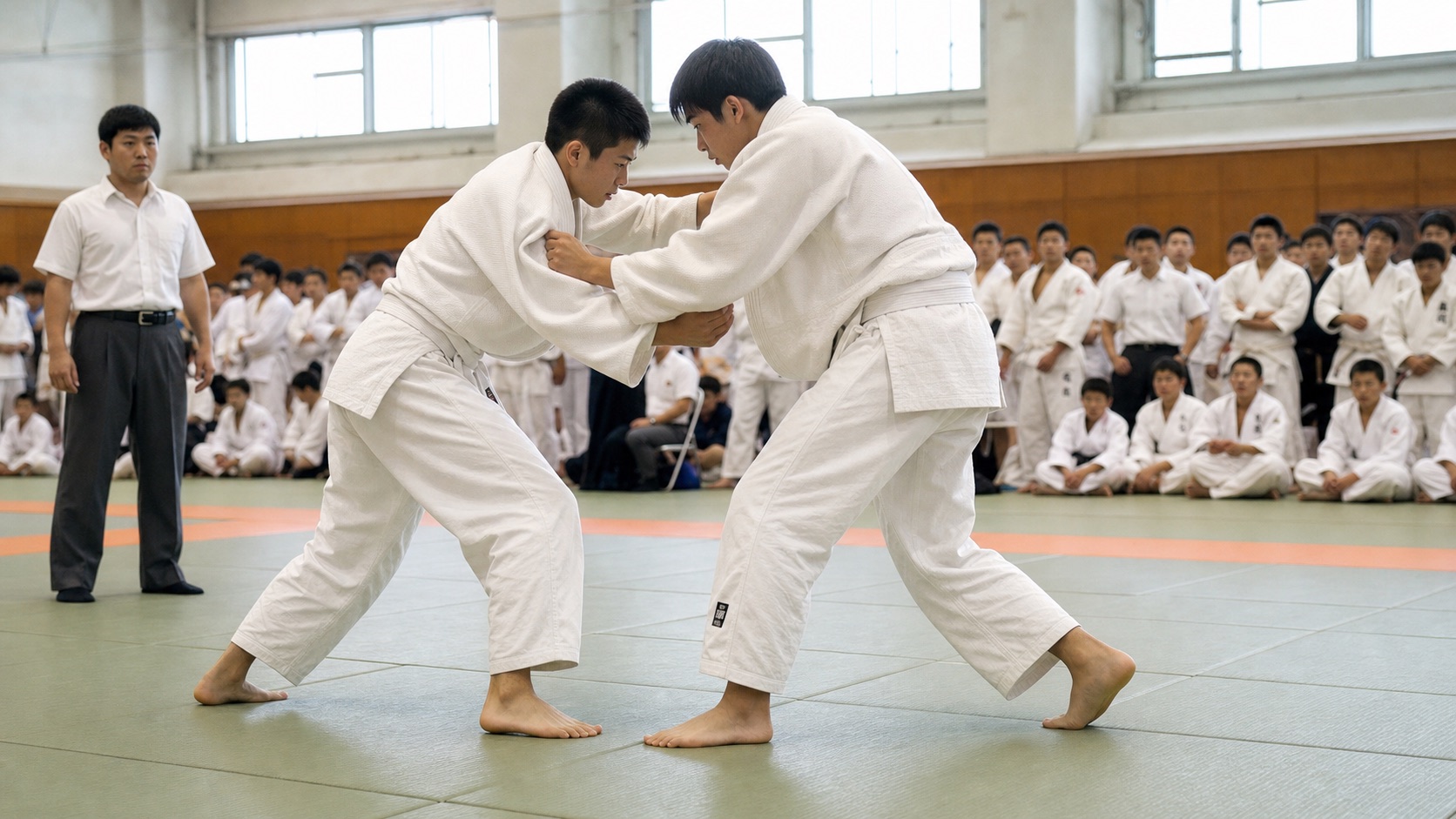 Japanese high-school judoka in white judogi contesting a standing match.