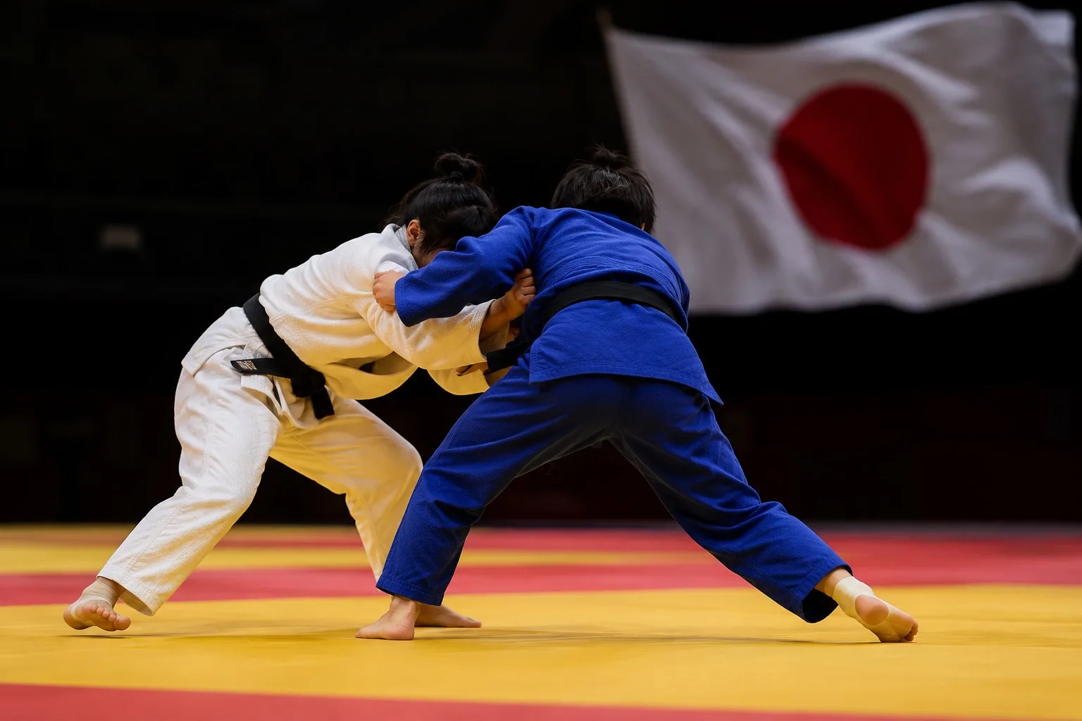 Two women judoka compete on tatami with a Japanese flag in the background.
