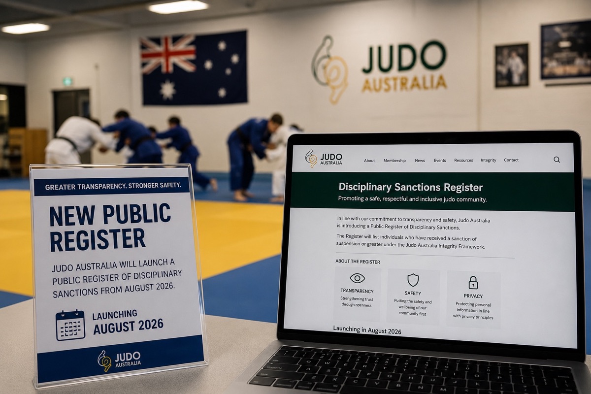 A tablet displaying the Judo Australia Public Register announcement with judo training in the background.