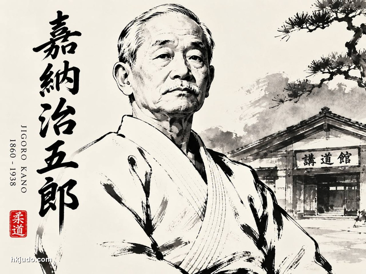 柔道創始者・嘉納治五郎の水墨肖像。左に名前の書、右に講道館と松
