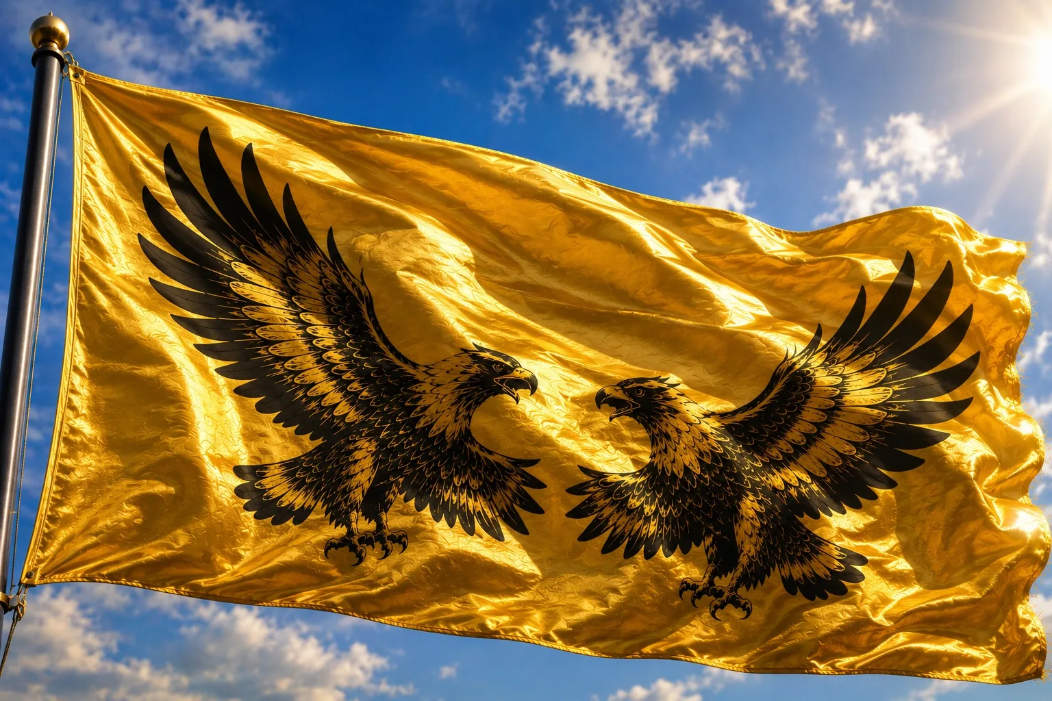 Golden Kinshuki flag flying in sunlight.