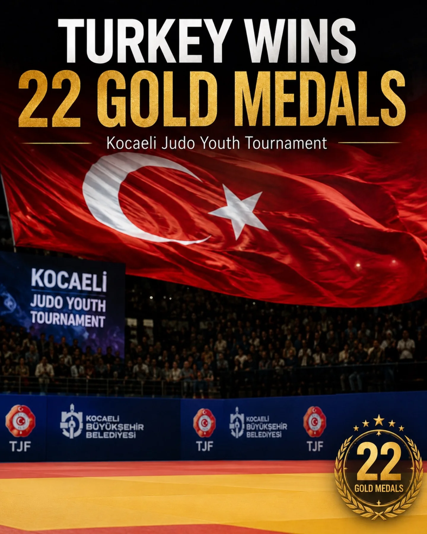 News graphic reporting Türkiye’s twenty-two gold medals at the Kocaeli Judo Hopes Tournament.