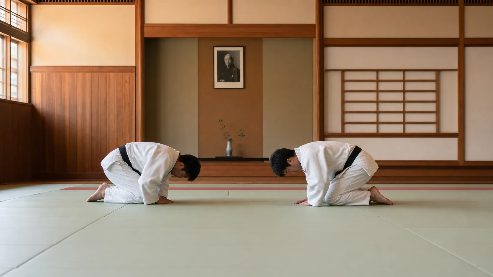 Editorial image of two judoka bowing in a quiet traditional dojo