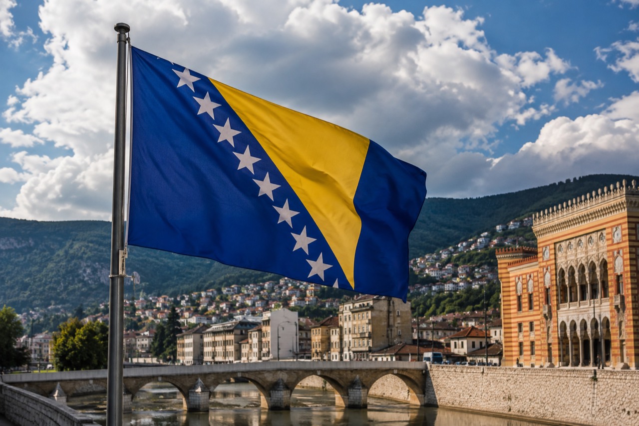 Flag of Bosnia and Herzegovina with Sarajevo cityscape, representing a Hong Kong, China judoka at the European Open.