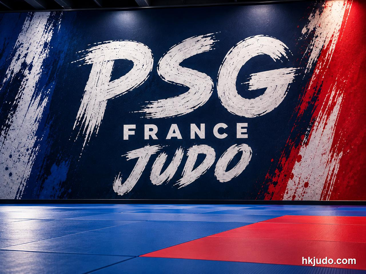 パリ・サンジェルマン柔道の練習場にある「PSG FRANCE JUDO」の青い壁面と、その下に敷かれた青と赤のマット
