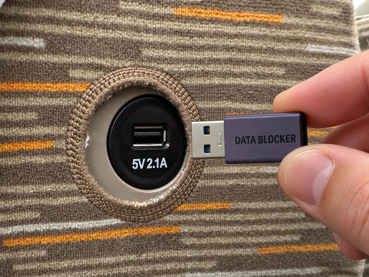 Two fingers holding a purple USB data blocker in front of a public USB-A charging port marked 5V 2.1A.
