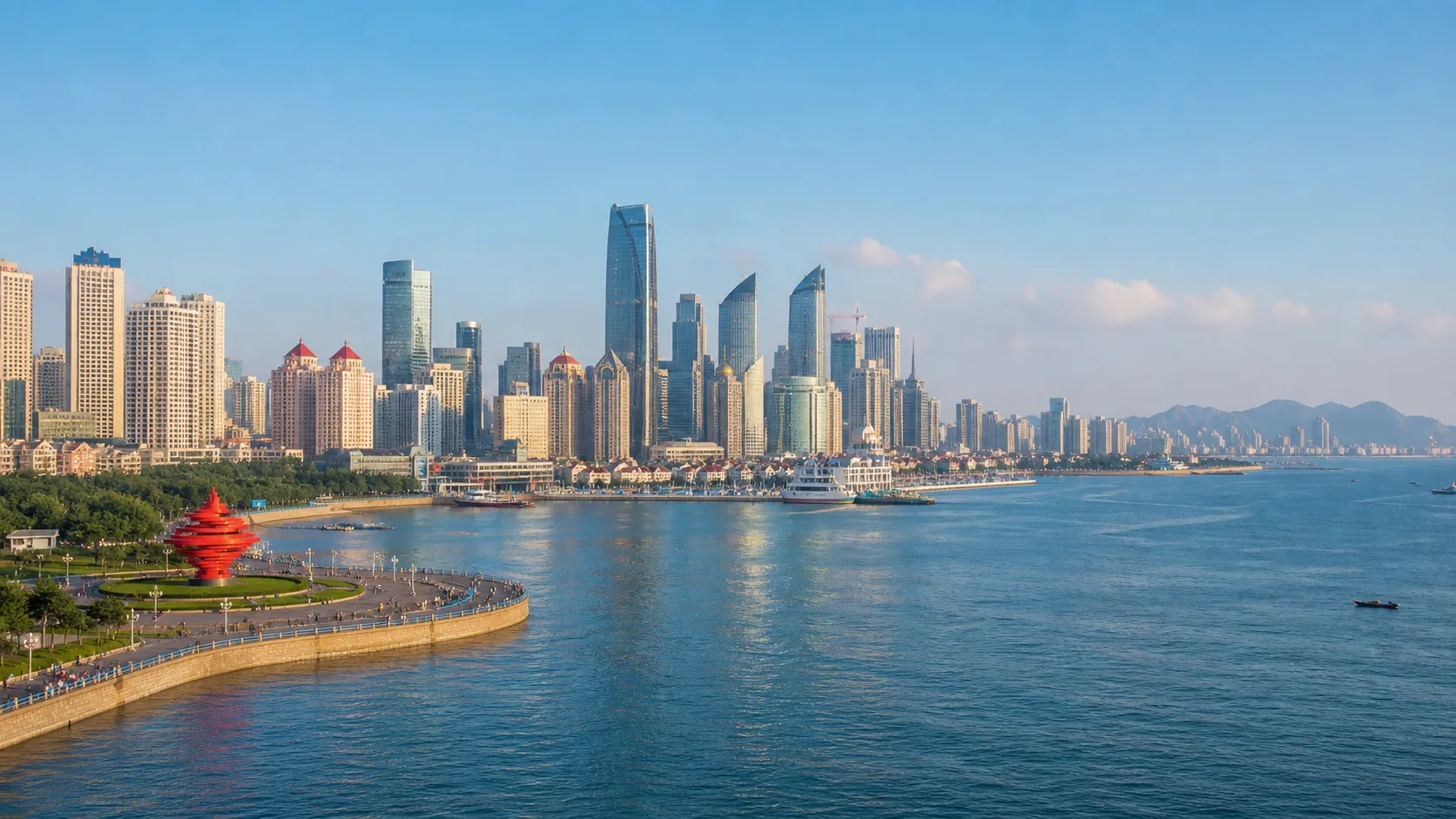 Editorial image of Qingdao coastal skyline for a judo Grand Prix preview