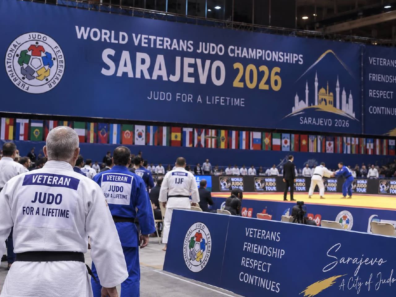 The hall for the Sarajevo World Veterans Judo Championships 2026, with event banners and national flags