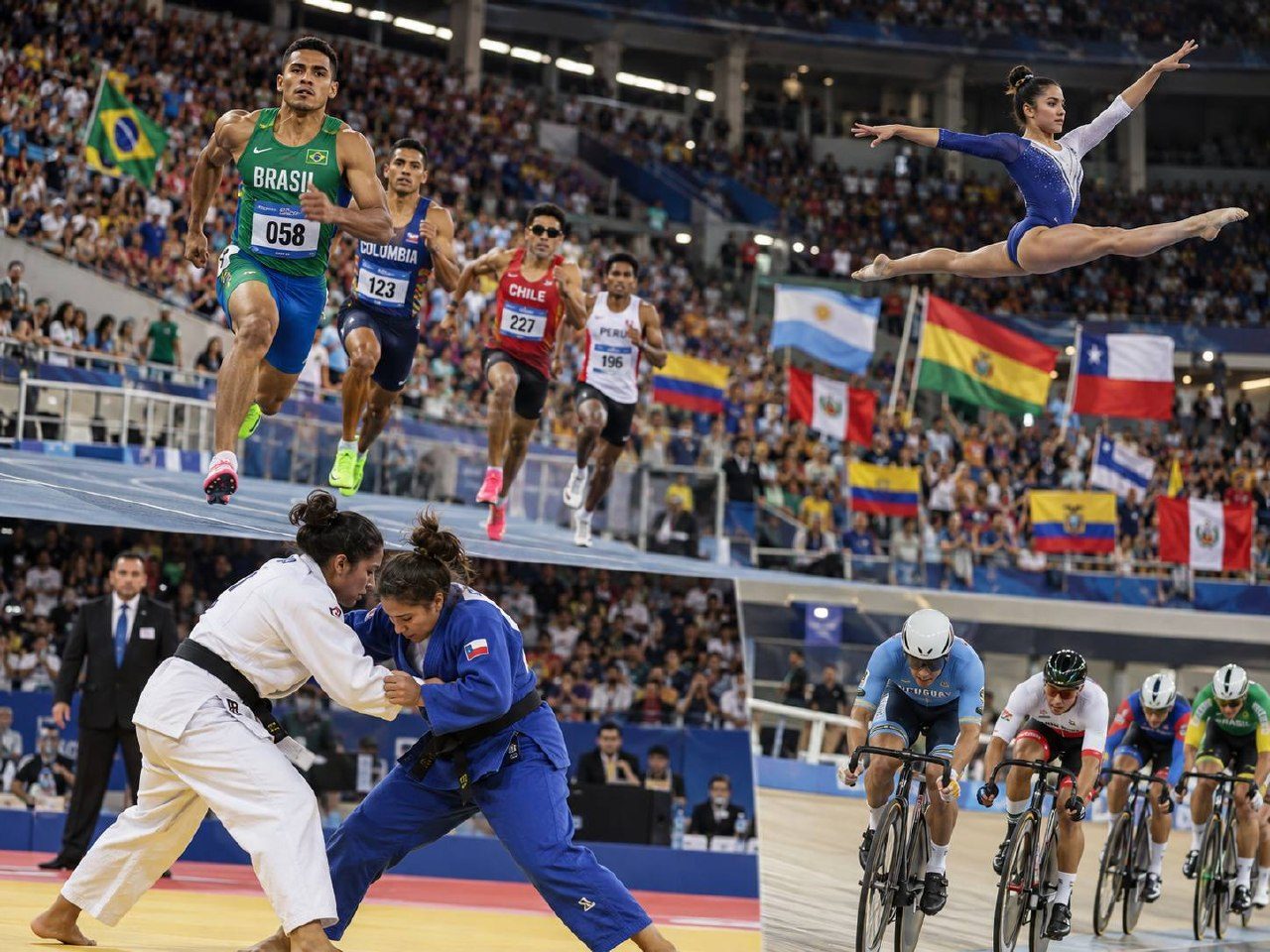 Four-panel montage of South American Games action: a sprint race, a gymnast in mid-leap, a judo contest and track cycling.