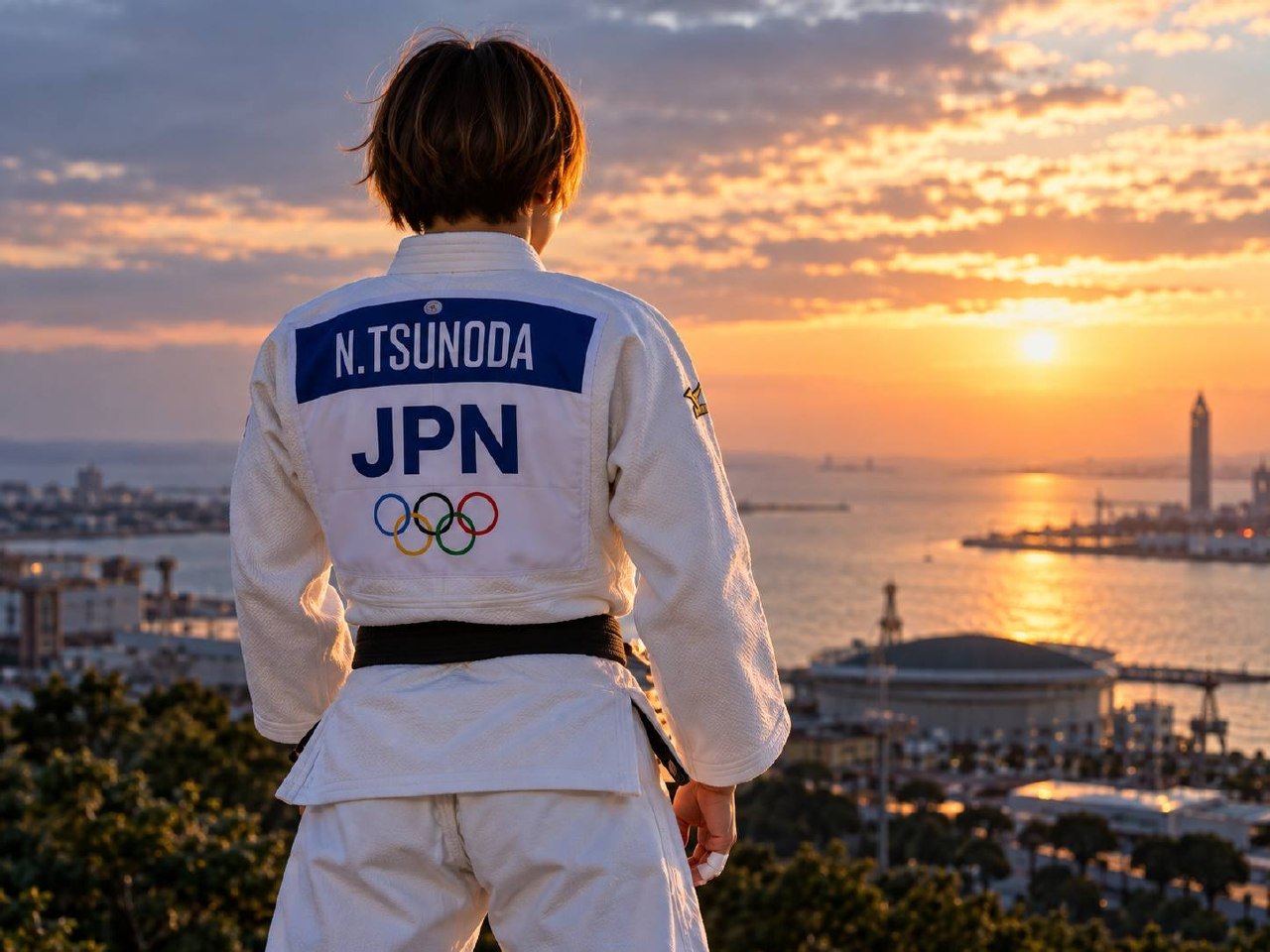 背中に「N. TSUNODA」「JPN」のゼッケンが付いた白い柔道衣姿を後ろから捉えた一枚。背景は夕暮れの港。