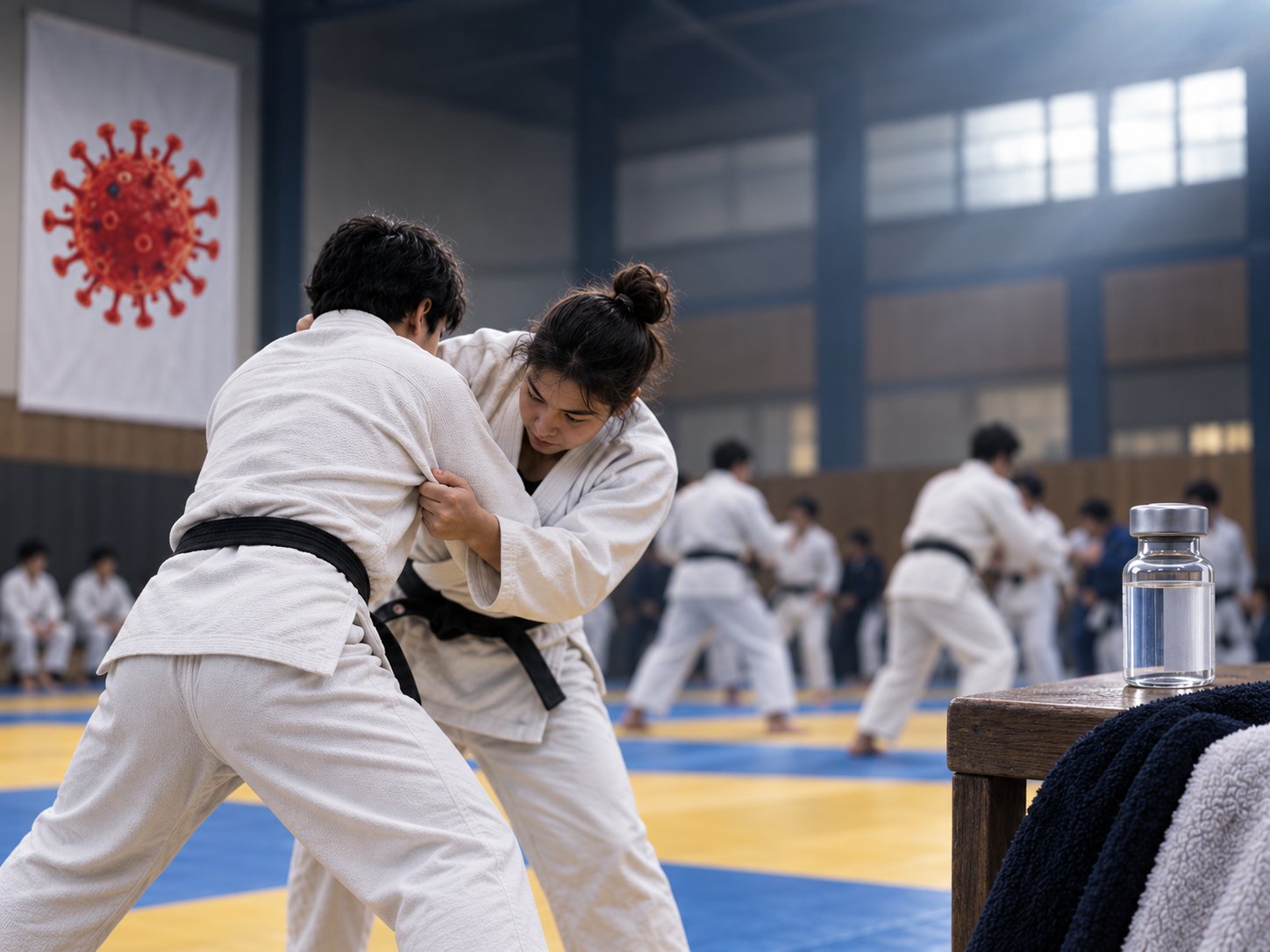 道場での柔道稽古のイラスト、背景にウイルスの横断幕とワクチンの瓶（イラスト、hkjudo.com）