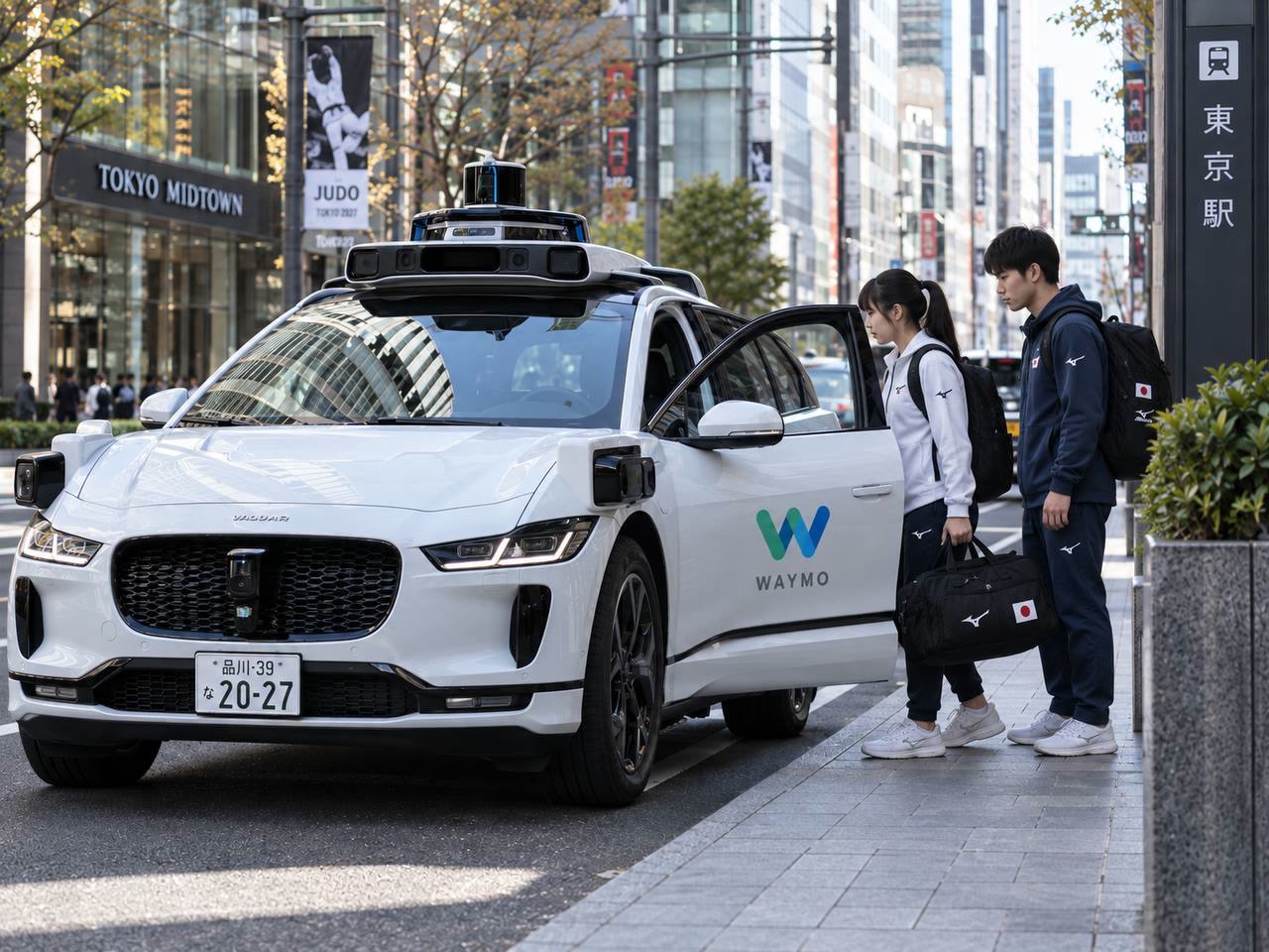 A Waymo autonomous vehicle outside Tokyo Station